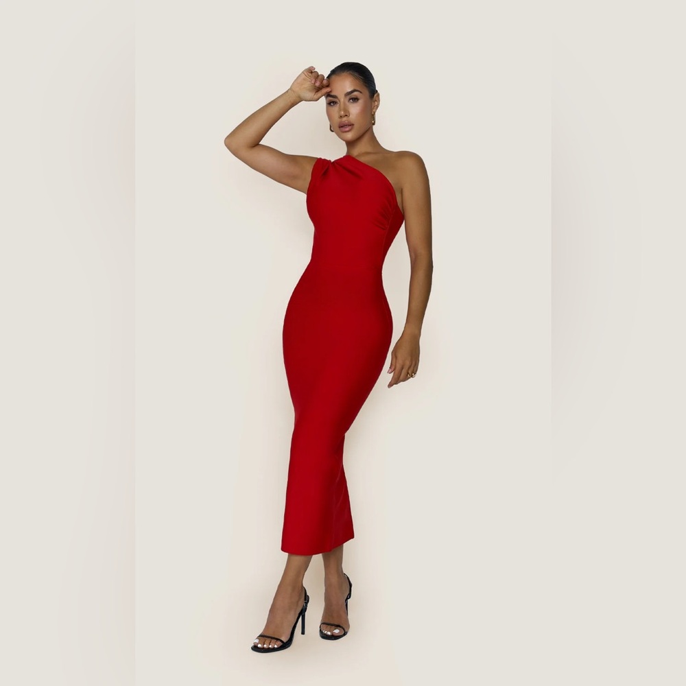 Posh Mia Red Bodycon One-Shoulder Midi Dress